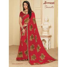 Laxmipati Floral Design Printed Red Georgette Designer Saree with attached Floral Blouse piece for Casual, Party, Festival and Wedding