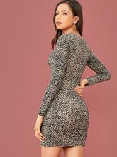 SHEIN Tie Neck Leopard Print Bodycon Dress