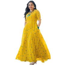 Arayna Women's Long Embroidered Rayon Kurti, Yellow