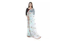 Sky Blue Tasseled Floral Embroidered Saree with Unstitched Blouse For Women