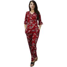 Maroon Floral Flared Sleeve Jumpsuit For Women