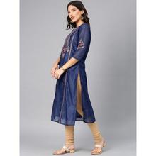 Women Embroidered Poly Chanderi A-line Kurta  (Dark Blue)