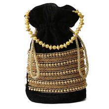 Black/Golden Beaded Pouch Bag For Women