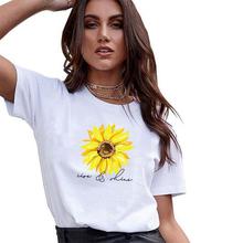 Sun Flower Letter Print T-shirt Short Sleeve Round Neck Slim