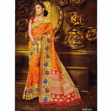 Orange Kanjivaram Banarasi Silk Saree with Blouse Piece for Party, Wedding, Festival and Causal