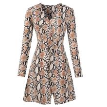 FashionieStore Womens V Neck Snake Print Dress Ladies Long Sleeve Party Mini Dress