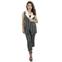 Black/ White Stripe Coat Pant Set For Women