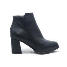 Black Leather Block Heels Boot for Women