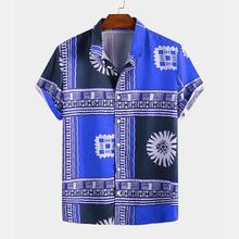 Mens Ethnic Color Block Pattern Printed Turn Down Collar Casual Shirts - Yellow 3XL