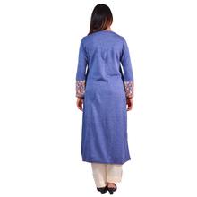 Paislei Blue embroidered A-line Kurti with yellow/ white pattern embroidery For Women - AW-1920-77