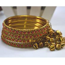 Golden Textured White Stone Studded Bell Fall Bangles Set For Women- 4 Bangles Set