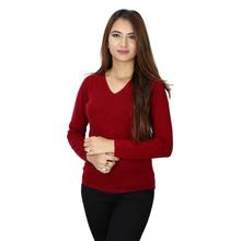 100% Wool Solid V-Neck Sweater- Maroon