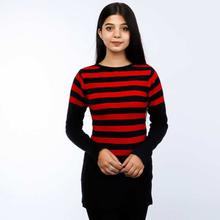 Black/Red Ribbed Tuck Knit Stripe-Round Neck Sweater(LL-16-03)