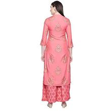 Ishin Women's Pink Rayon A-Line Printed Kurta Palazzo Sets