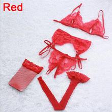 4PCS/set Underwear Women Bra Brief Sets Sexy Lace Open Crotch G-String + Bra + Net Socks + Sling Lingerie Set Cueca