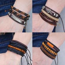 IF ME Wood Bead Male Multilayer Leather Bracelet Men Braided