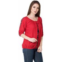 Casual 3/4 Sleeve Embroidered Women Red Top