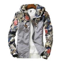 Fashion Men Floral Camouflage Grey Thin Hooded Jacket