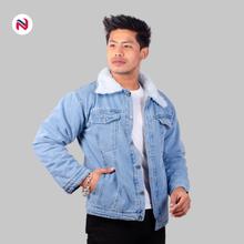 Nyptra Light Blue Solid Fur Denim Jacket For Men