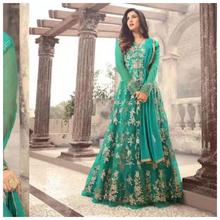 Designer Light Rama Color Semi Stitched Long Gown With Fancy Work For Women