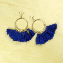 Blue Silk Thread Tasseled Round Earrings For Women