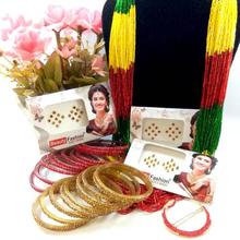 Combo Of Potey Mala+ Stone Studded Bangles+Stone Chandrama Clip And Free Bindis (3 Packets)- Red/Green/Yellow
