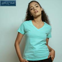 Hills & Clouds V Neck T-Shirt For Women (Turquoise)