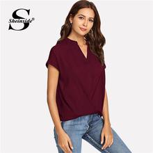 Sheinside Draped V Neck Solid Top Women Short Sleeve