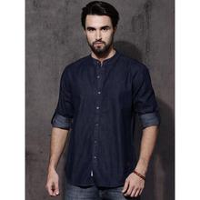 Men Blue Regular Fit Solid Mandarin Collar Casual Shirt