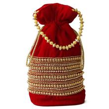 Red/Golden Beaded Pouch Bag For Women