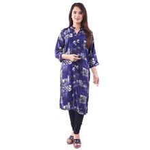 Blue Black Graphic Printed Middle Cut Long Kurti for Women