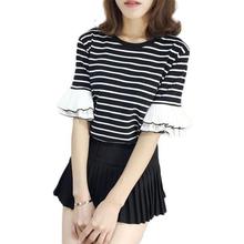 Summer New O Neck Tees Ruffled Striped Hollow Out Sexy