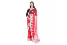 Red Net Floral Embroidered Saree with Unstitched Blouse For Women