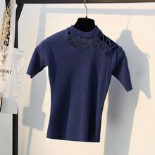 Summer T Shirt Women Irregular Collar Hollow out Knitted