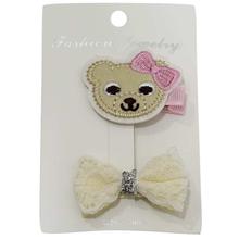 Cream/Pink Teddy Bear And Bow Hair Clips Set For Girls - 2 Pcs