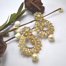 Golden/White Faux Pearl Studded Chandbali Style Earrings For Women