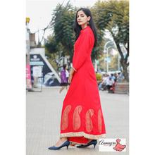 Red Long Gown With Golden Print For Women