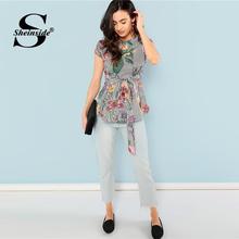 Sheinside Cap Sleeve Belted Floral Blouse Women Striped