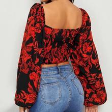 Women's Tie Front Shirred Detail Bishop Sleeve Floral Crop Top