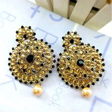 Golden/Blue Stone Studded Faux Moti Drop Style Circular Earrings