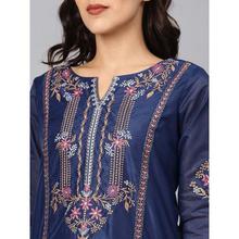 Women Embroidered Poly Chanderi A-line Kurta  (Dark Blue)