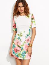 White Floral Print Short Sleeve Dress