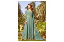 Semi-Stitched Anarkali Gown Set With Shawl For Women-Blue