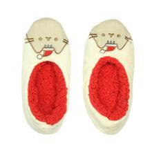 Off-White/Red Cat Designed Bedroom Slip-Ons