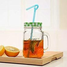 Transparent Jar Mug Tin Lid With Handle and Straw For Juice, Cold and Drink (400ml)