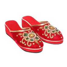 Red/White/Golden Floral Embroidered Velvet Heel Sandals For Women