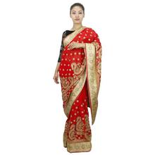 Red/Golden Chiffon Floral Stone Embroidered Saree With Blouse