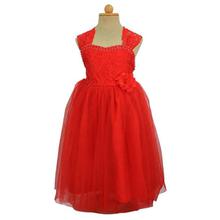 Red Netted Back Cross Designed Sleeveless Party Dress For Girls