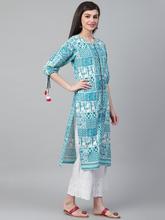 Women Turquoise & Off-White Printed Straight Kurta - 8012