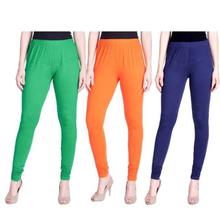 Sheetal Pack Of 3 Solid Churidar Leggings For Women- Green/Orange/Blue